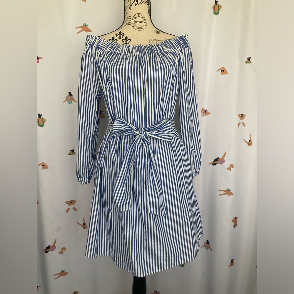 Blue and white striped off the shoulder dress, size M